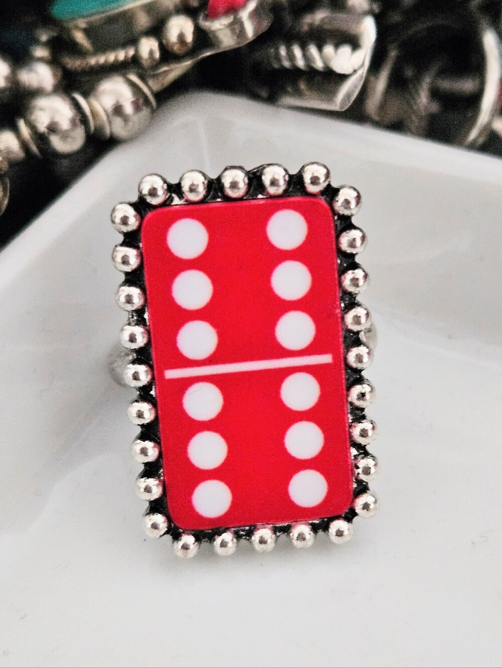 RED DOMINO RING ADJUSTABLE SIZE 7 - 9 - Picture 6 of 6
